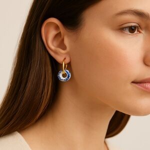 Blue White Porcelain Hoop Earrings Gold Small Hoops with Floral Ceramic Donut